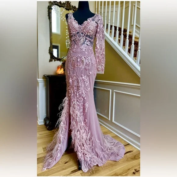 Portia and Scarlett Blush Long Sleeve Feather Fringed Embroidered Gown Size 6 - Picture 3 of 16